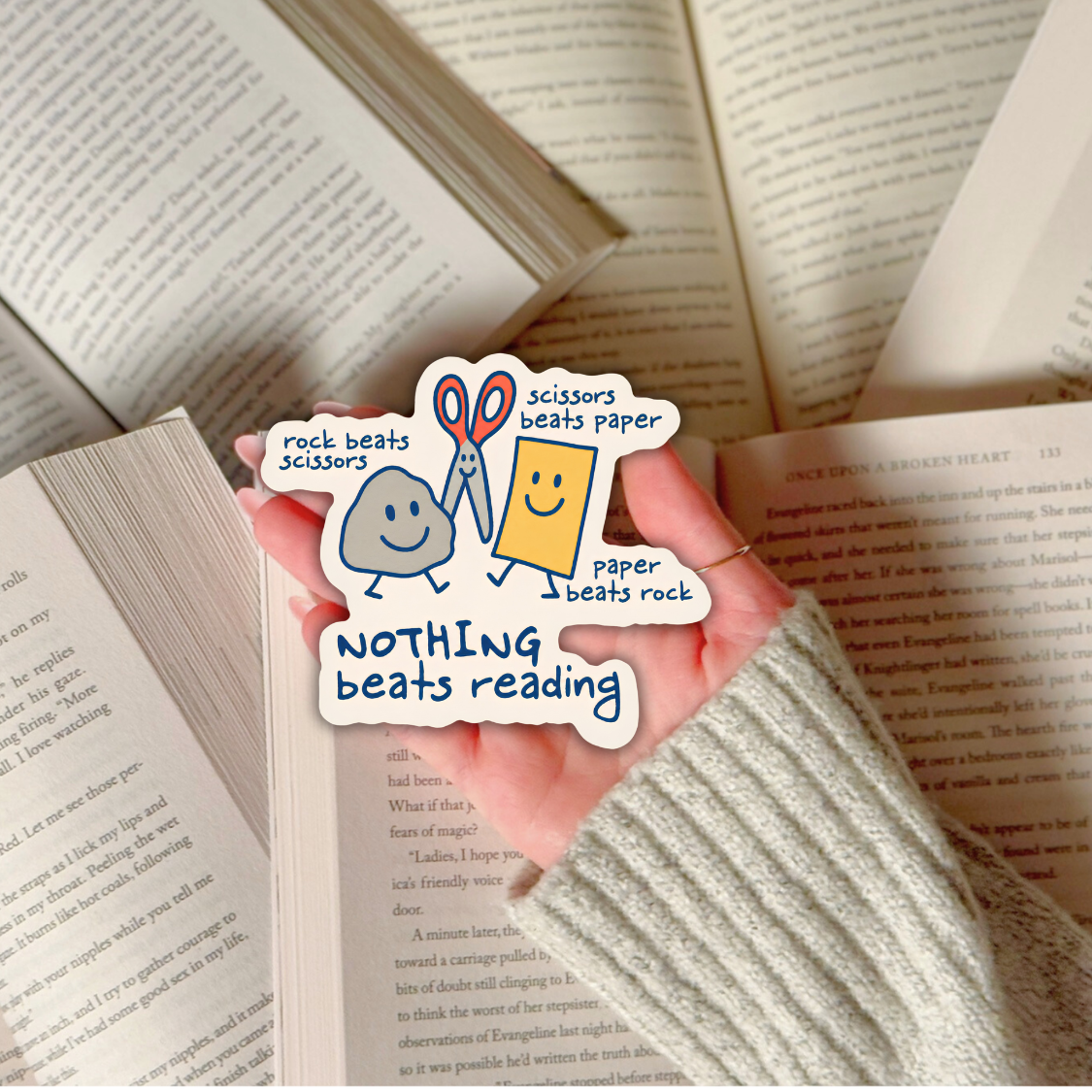 Nothing Beats Reading Sticker – Cute Rock Paper Scissors